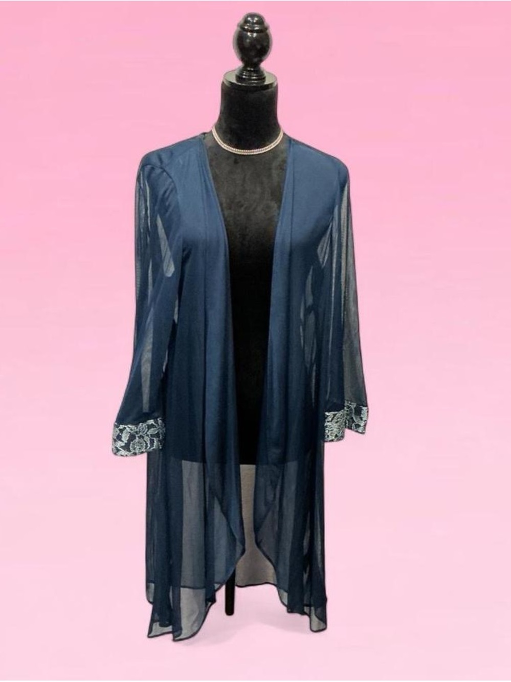 💙R&M Richards Sheer Navy Long Robe with Lace Cuffs